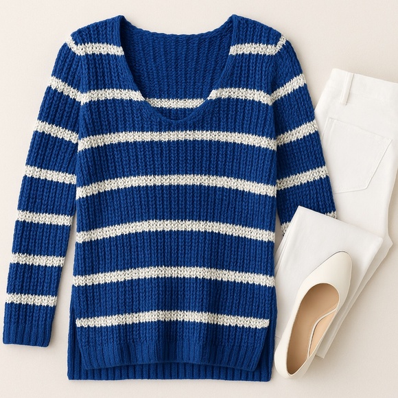 Banana Republic Sweater Blue White Stripe Linen Blend M - Picture 2 of 7